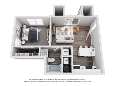 Floor plan for 1 bed, 1 bath, 573 sqft